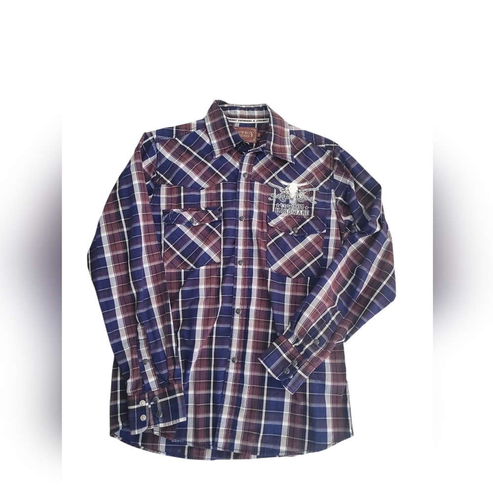 Youth Cowboy Hardware Shirt Medium Orange Gray Plaid Pearl Snap Western Cowboy S